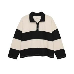 THE GREAT. Womens Striped Washed Black / Almost White Rugby Polo Tee